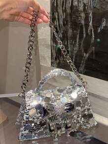 Evening Bag For Women Shiny Weaving Bead Sheet Handbag Sequin Metal Bow Saddle Bag Crossbody Bag - Silver - View 3