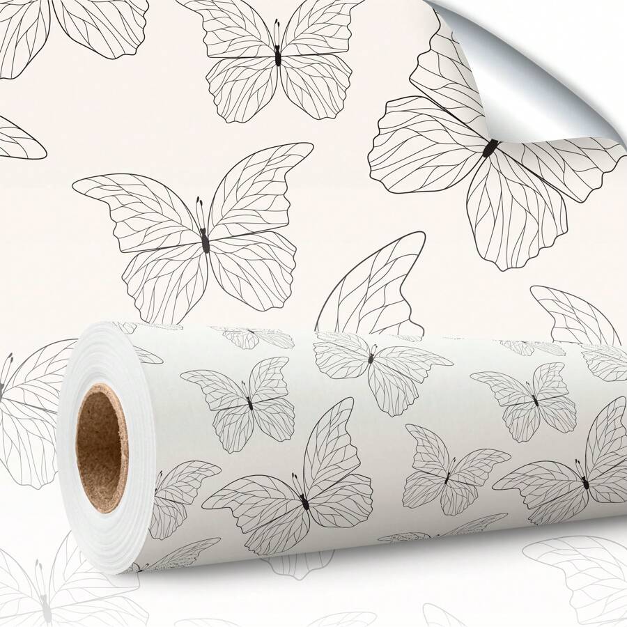 Deliquadros Papel de Parede Autoadesivo Vinílico Borboleta Preto Bege Minimalista Delicado Decoração Quarto Sala Elegante - Bege - Visão 1