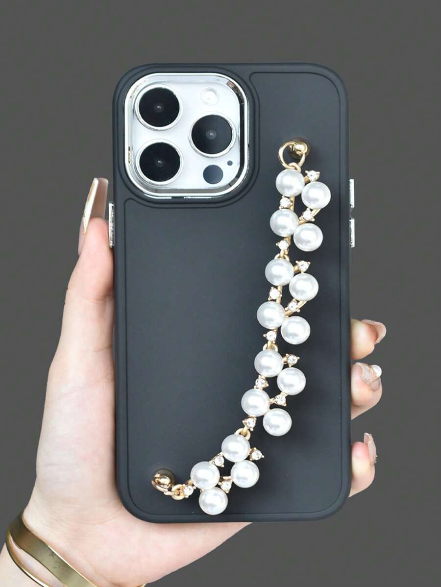 1pc White Pearl Beaded Bracelet & Black Eye-Protection Plating Ring & Frosted Tpu Case With Complete Phone Protection Compatible With Iphone7/8/11/12/13/14/15/X/Xr/Xs/Plus/Pro/Pro Max/Se2 Series - Multicolor - View 1