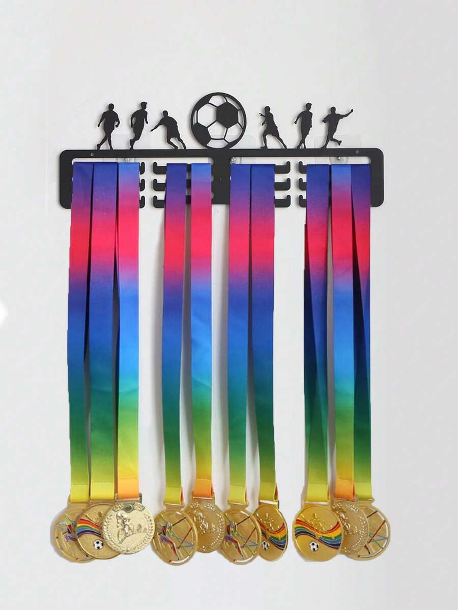 1pc Creative Iron Medal Display Hanger For Football Games, Home Decor Wall-Mounted Storage Rack With Gold, Silver, Bronze Medals And Hooks - Black - View 1
