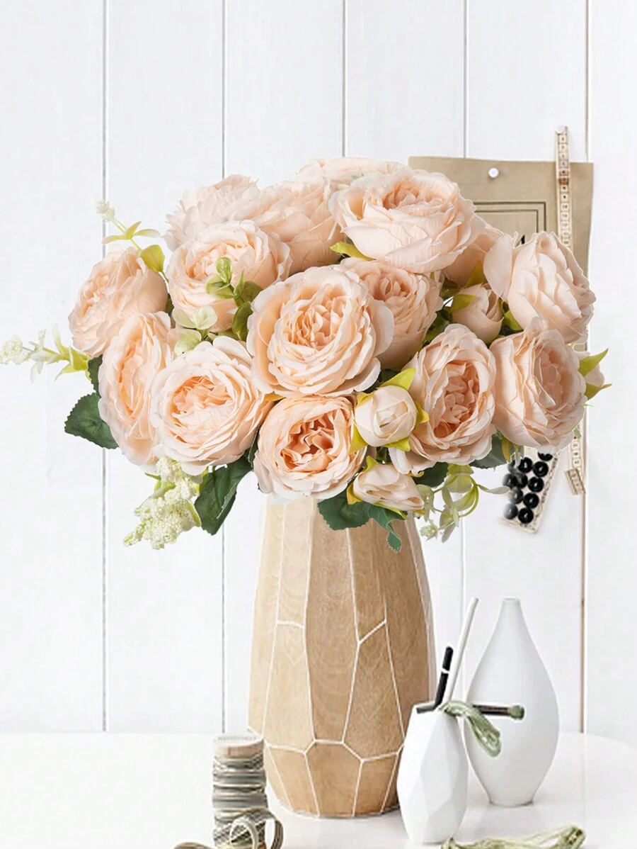 1支人工牡丹花束,婚禮裝飾、新娘手持花籃裝飾、生日派對場地裝飾、家居飯廳臥室窗台裝飾、藤蔓花藤、情人節新年裝飾、室外花園 - 香檳色 - 查看 1