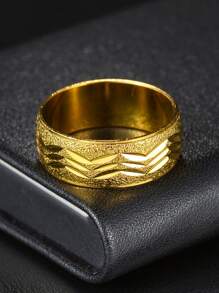 1 件金色時尚刮痕不鏽鋼寬戒指男士情侶、婚禮、商務、日常配戴 - 金色 - 查看 4