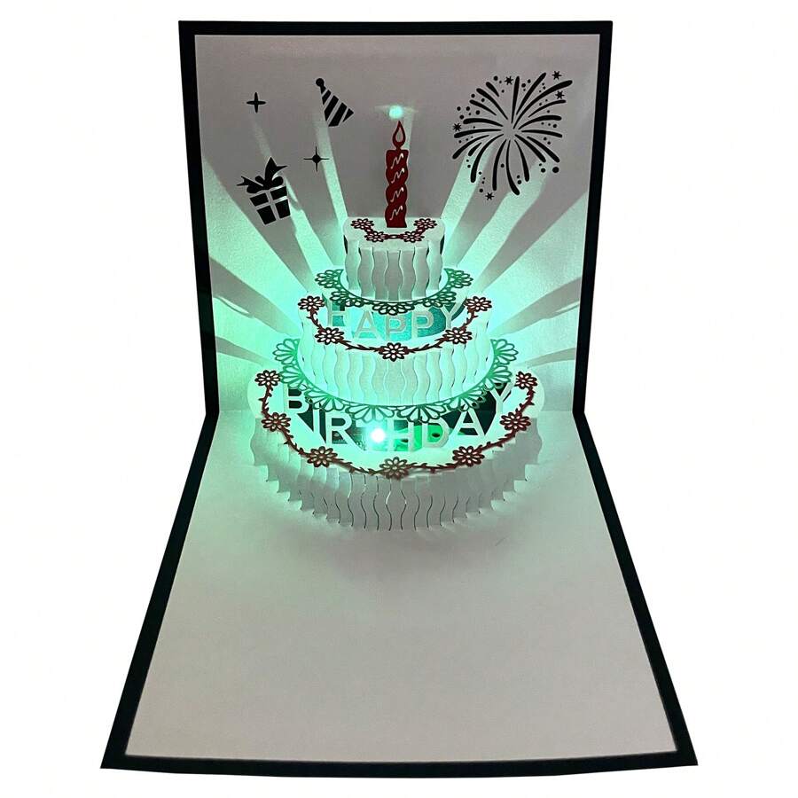 3d生日卡,溫暖led燈生日蛋糕音樂明信片,立體手工剪紙生日賀卡,適用於母親、妻子、姐妹、男孩、女孩、朋友,1包裝 - 藍色 - 查看 1