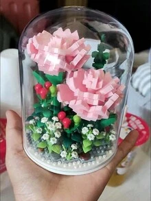 永恆積木花,由超級abs材料製成,包括木質底座和塵罩,適用於臥室或客廳桌面裝飾的花束套裝,手工diy裝配玩具,新年禮物,情侶禮物,紀念禮物,情人節禮物 - 粉色 - 查看 5