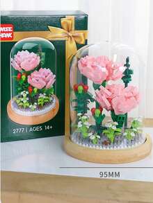 永恆積木花,由超級abs材料製成,包括木質底座和塵罩,適用於臥室或客廳桌面裝飾的花束套裝,手工diy裝配玩具,新年禮物,情侶禮物,紀念禮物,情人節禮物 - 粉色 - 查看 3