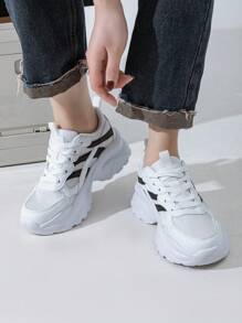 Zapatillas deportivas/casuales negro y blanco sólido, de punta redonda, con cordones, transpirables y antideslizantes, de tacón bajo, versátiles para uso diario y al aire libre
