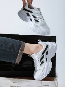 Zapatillas deportivas/casuales negro y blanco sólido, de punta redonda, con cordones, transpirables y antideslizantes, de tacón bajo, versátiles para uso diario y al aire libre