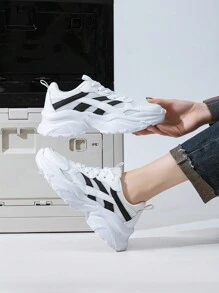 Zapatillas deportivas/casuales negro y blanco sólido, de punta redonda, con cordones, transpirables y antideslizantes, de tacón bajo, versátiles para uso diario y al aire libre