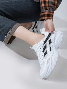 Zapatillas deportivas/casuales negro y blanco sólido, de punta redonda, con cordones, transpirables y antideslizantes, de tacón bajo, versátiles para uso diario y al aire libre