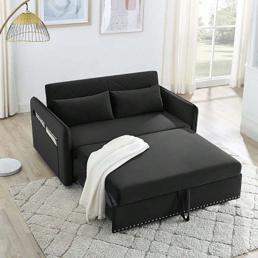 Sleeper Sofa Bed W/USB Port, 3-In-1 Adjustable Sleeper With Pull-Out Bed, 2 Lumbar Pillows And Side Pocket, Soft Velvet Convertible Sleeper Sofa Bed, Suitable For Living Room Bedroom - màu đen - Xem 1