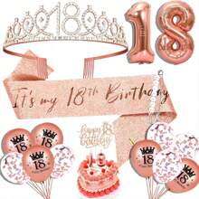 女性生日禮物,包括生日腰帶、生日皇冠、蛋糕上飾品、數碼鋁膜氣球、乳膠氣球、卡牌和蠟燭套裝,顏色為玫瑰金 - 香檳色 - 查看 14