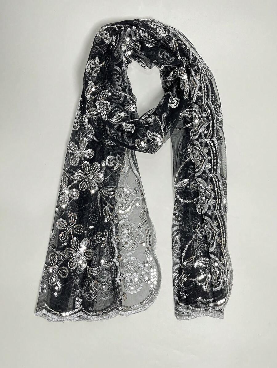 One-Piece Sequined Spring Bride/Bridesmaid/Wedding Guest Dress With Scarf For Evening Party - Black - View 1