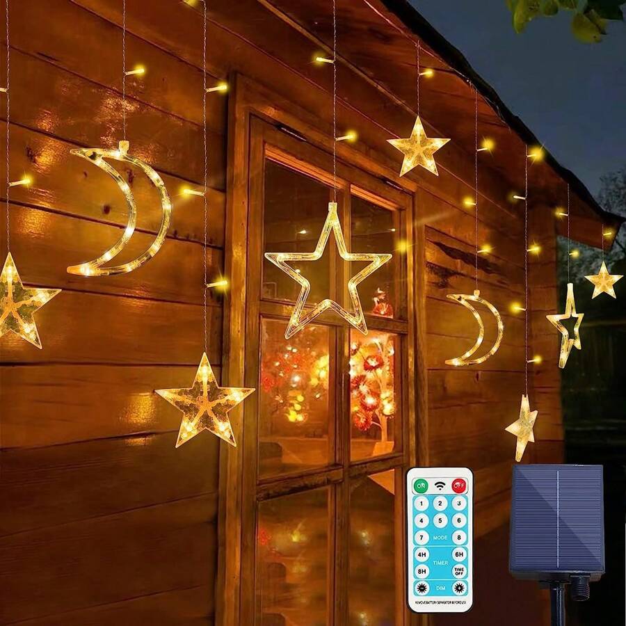 Solar Lights Outdoor Star Moon Solar String Light USB Rechargeable Indoor Waterproof Solar Curtain Lamp Garden Xmas PartyBalcony - Yellow - View 1