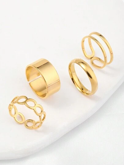 4pcs Stainless Steel Open Band Ring Set For Women, Simple & Stylish, Suitable For Party Or Gift