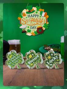 Putuo Decor 普陀装饰 3 件三叶草木制标志桌面装饰，幸运快乐圣帕特里克节，家庭农舍咖啡馆咖啡店酒吧俱乐部桌面装饰，圣帕特里克节礼物 - 彩色 - 查看 2