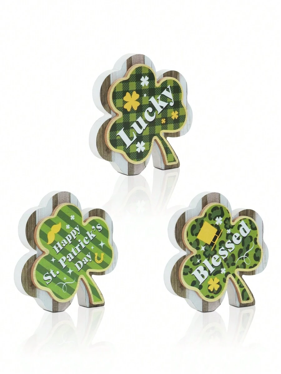 Putuo Decor 普陀装饰 3 件三叶草木制标志桌面装饰，幸运快乐圣帕特里克节，家庭农舍咖啡馆咖啡店酒吧俱乐部桌面装饰，圣帕特里克节礼物 - 彩色 - 查看 1