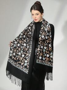 1pc New Thick Hand-Embroidered Flower Faux Cashmere Shawl, Warm, Casual, Travel, Gift, Fashionable Decorative Scarf - Black - View 1