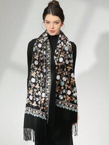 1pc New Thick Hand-Embroidered Flower Faux Cashmere Shawl, Warm, Casual, Travel, Gift, Fashionable Decorative Scarf - Black - View 2
