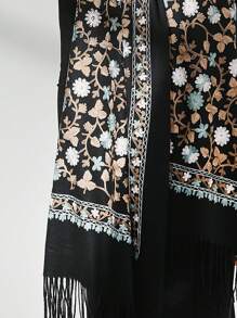 1pc New Thick Hand-Embroidered Flower Faux Cashmere Shawl, Warm, Casual, Travel, Gift, Fashionable Decorative Scarf - Black - View 3