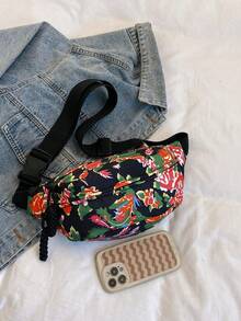 時尚個性化的多功能斜跨胸包、腰包和跑步背包,具有多個間隔和大花卉印花,適用於戶外運動 - 黑色 - 查看 4