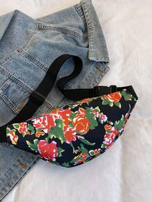 時尚個性化的多功能斜跨胸包、腰包和跑步背包,具有多個間隔和大花卉印花,適用於戶外運動 - 黑色 - 查看 5