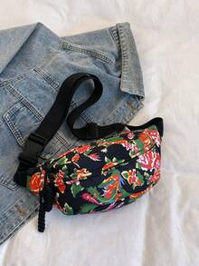 時尚個性化的多功能斜跨胸包、腰包和跑步背包,具有多個間隔和大花卉印花,適用於戶外運動 - 黑色 - 查看 2