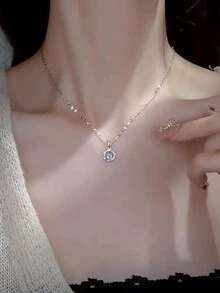1pc New Design 999 Pure Silver & Pendant Necklace, Collarbone Length Necklace As A Fashionable Simple Gift For Girlfriend - Silver - View 3