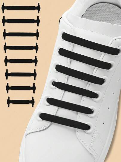 16pcs/Pack Black No-Tie Silicone Elastic Shoelaces For Kids And Adults, Suitable For Casual Shoes, Sneakers, Leather Shoes, And Various Types Of Shoes