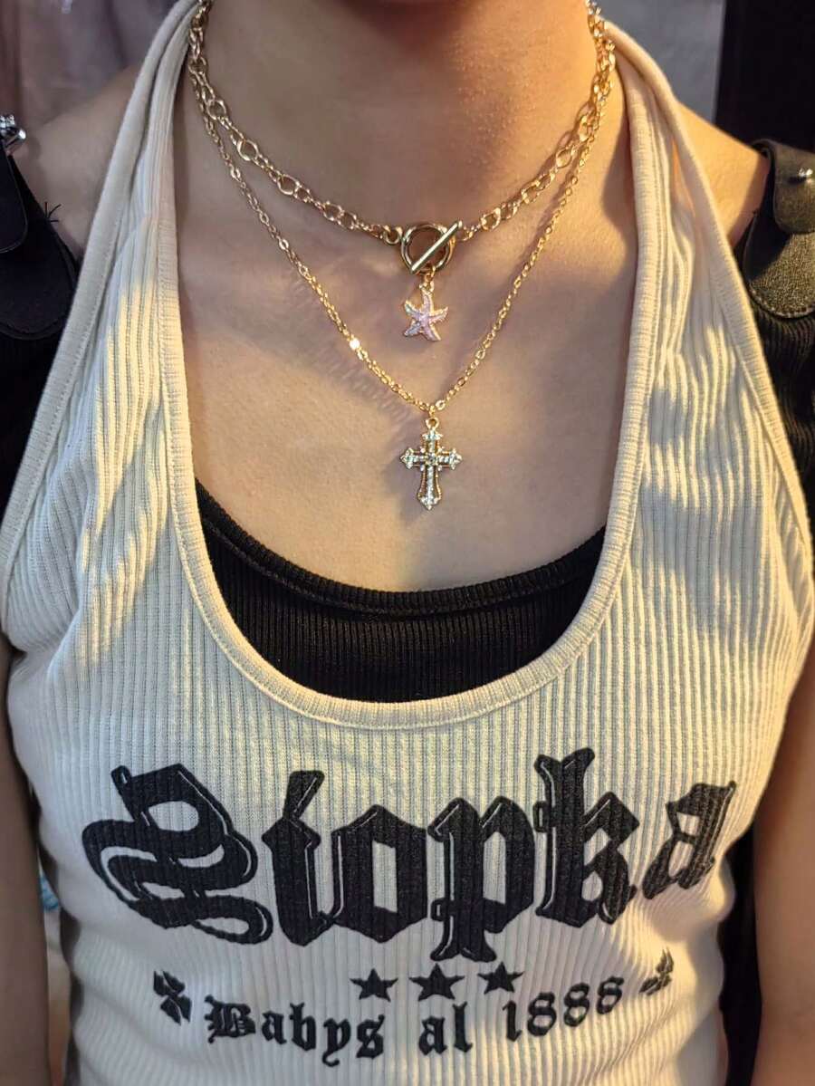 2pcs Cute Starfish & Pink Rhinestone Inlaid Cross Necklace, Fashionable - Yellow Gold - View 1