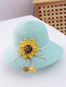 New Arrival Girls' Lovely Princess Style Straw Hat With Sunflower Decor Sun Hat For Beach, Travel, Daily Wear - Green - View 2