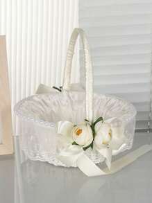 1pc White Woven Handheld Flower Basket - Milky White - View 3