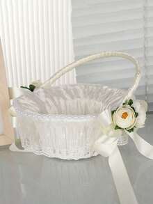 1pc White Woven Handheld Flower Basket - Milky White - View 2