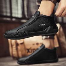 男士中帮休闲鞋，拉链章鱼防滑设计，时尚一脚蹬鞋，透气运动鞋 - 黑色 - 查看 3