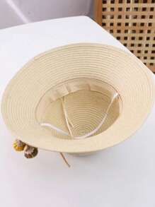 新款女童可愛公主草帽,帶向日葵裝飾,防uv透氣頂帽,適用於海灘度假和日常穿搭 - 米色 - 查看 3