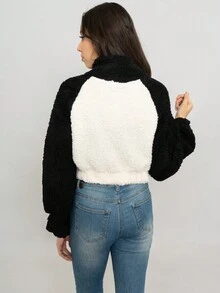 Chamarra linda para dama tela teddy bicolor - Negro - Ver 5