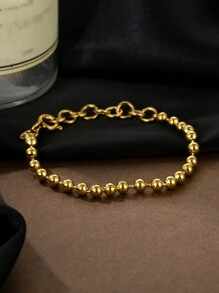 ZG YING ZHOU ZGYZ 1pc Fashionable Stainless Steel 18K Gold Color Small Bead Chain Bracelet, Unisex, Versatile For Nightclub, Wedding, Banquet, Style Black Small Ball Bead Strand Bracelet