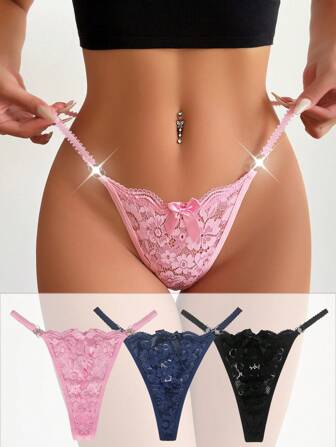 3pcs/Set Women's Sexy Low Waist Silk Thong Underwear