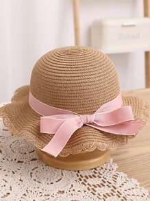 New Arrival Girls' Cute Princess Style Straw Hat With Pink Ribbon & Bowknot Decor, Sun Protection, Perfect For Daily Wear, Beach Vacation - Brown - View 1