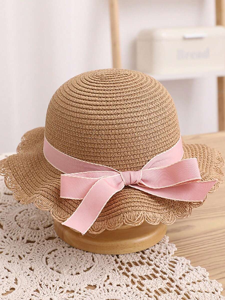 New Arrival Girls' Cute Princess Style Straw Hat With Pink Ribbon & Bowknot Decor, Sun Protection, Perfect For Daily Wear, Beach Vacation - Brown - View 1