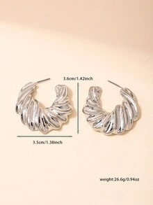 1對優雅的鍛打紋理時尚個性化c設計極簡主義耳環 - 銀色 - 查看 4