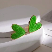 1pair Premium Stainless Steel Earrings, 18k Gold Plated With Morandi Color Coating, Oil Drop Design, Fashionable And Personalized - Heart Earrings - View 5