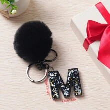 1 件字母首字母钥匙扣可爱毛绒绒球钥匙扣可爱亮片树脂钥匙扣环包背包吊饰汽车挂件女士女孩礼物钱包和手提包配件钥匙扣带流苏字母首字母 A-Y 毛绒钥匙扣 - 黑色 - 查看 16