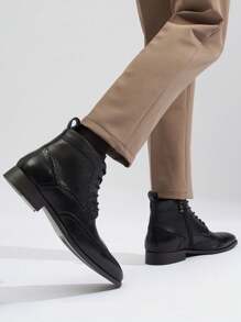 SHOESMALL Men's Boots Leather Mens Dress Boots Brogue Casual Boots For Men - AMY8187-đen - Xem 3