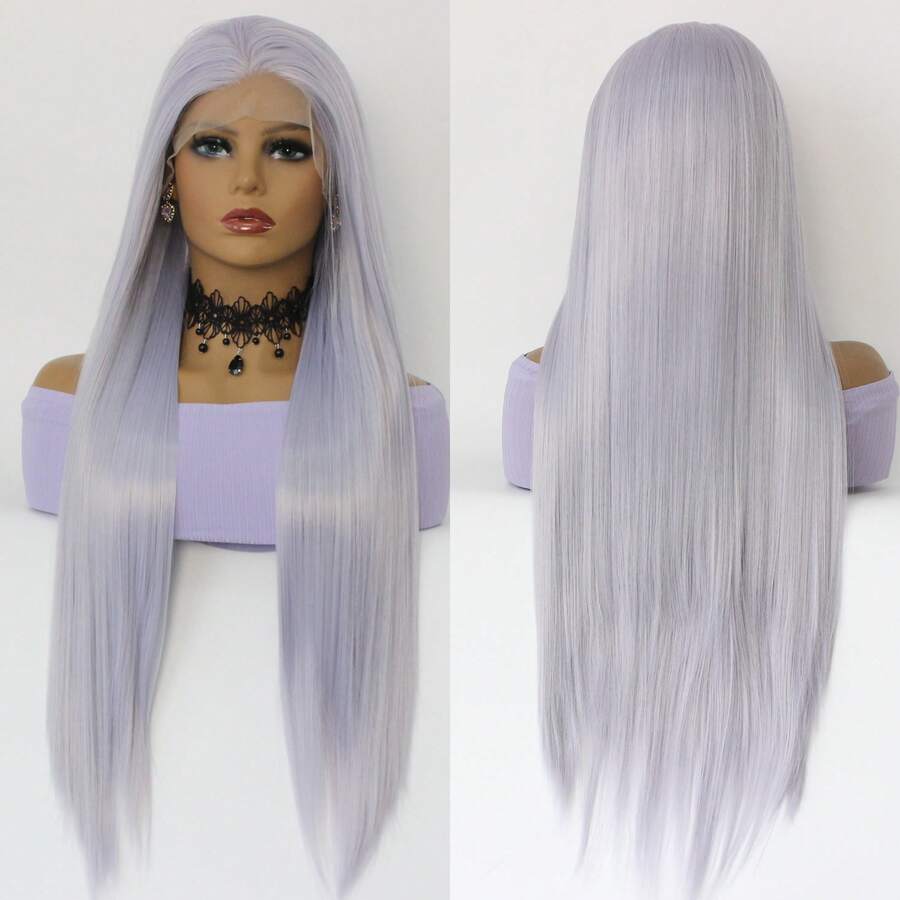 Fashion Cosplay Grey Blue Long Straight Lace Frontal Wigs 24inch Heat Resistant Synthetic Lace Front Wigs For Women Party Daily Wigs - Grey Blue - View 1
