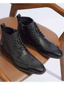 SHOESMALL Men's Boots Leather Mens Dress Boots Brogue Casual Boots For Men - AMY8187-đen - Xem 1
