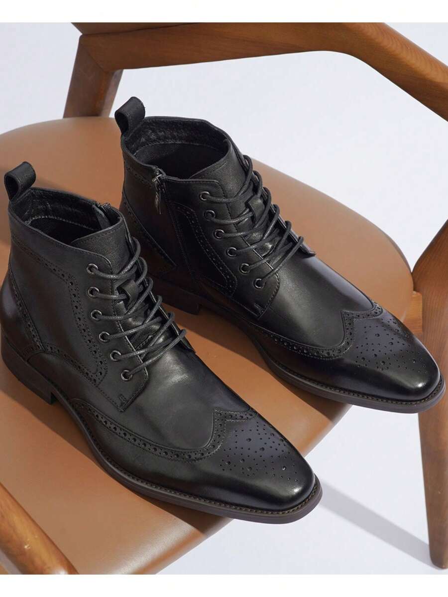 SHOESMALL Men's Boots Leather Mens Dress Boots Brogue Casual Boots For Men - AMY8187-đen - Xem 1