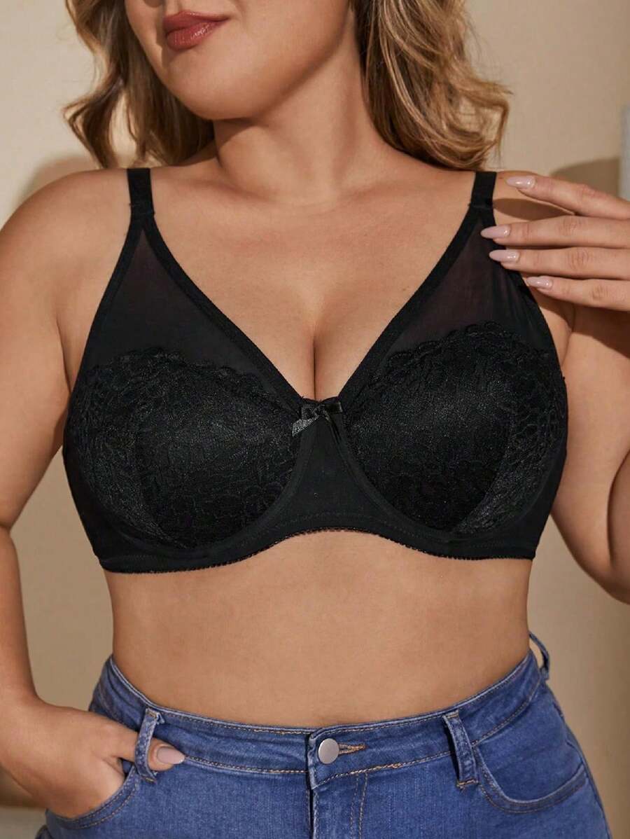 1 Áo lót cúp ngực đúc màu trơn thanh lịch và gợi cảm cỡ lớn dành cho nữ có mối nối lưới, độ che phủ và gọng đầy đủ, thích hợp để mặc hàng ngày và đi làm - màu đen - Xem 1