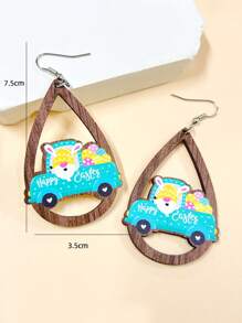 1對卡通木製和水滴形狀中空耳環,帶有復活節兔子,汽車和快樂復活節彩蛋形吊墜,適用於派對或節日裝扮,是給朋友的好禮物 - 彩色 - 查看 7