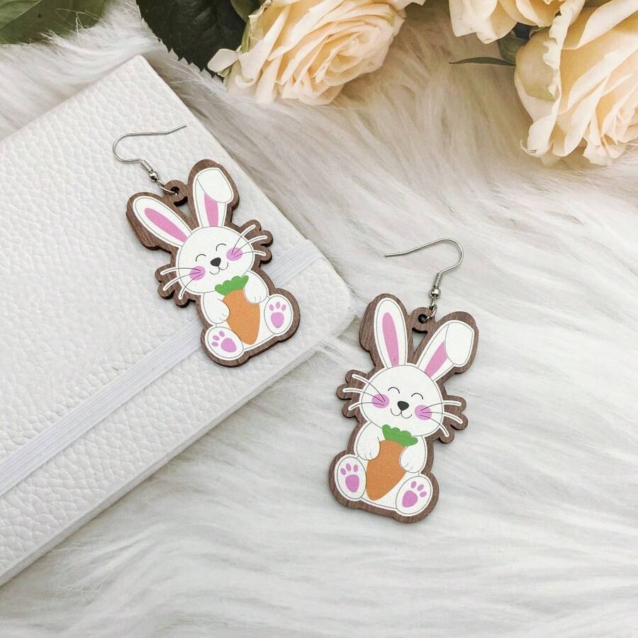 1對可愛的復活節兔子圖案木製耳環,作為復活節贈禮給女性/女孩 - 可愛兔子耳環 - 查看 1