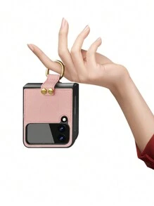 淺粉紅色商務風格全蓋指環pu手機殼,相容於三星galaxy Z Flip可折疊螢幕 - 淺粉色 - 查看 1